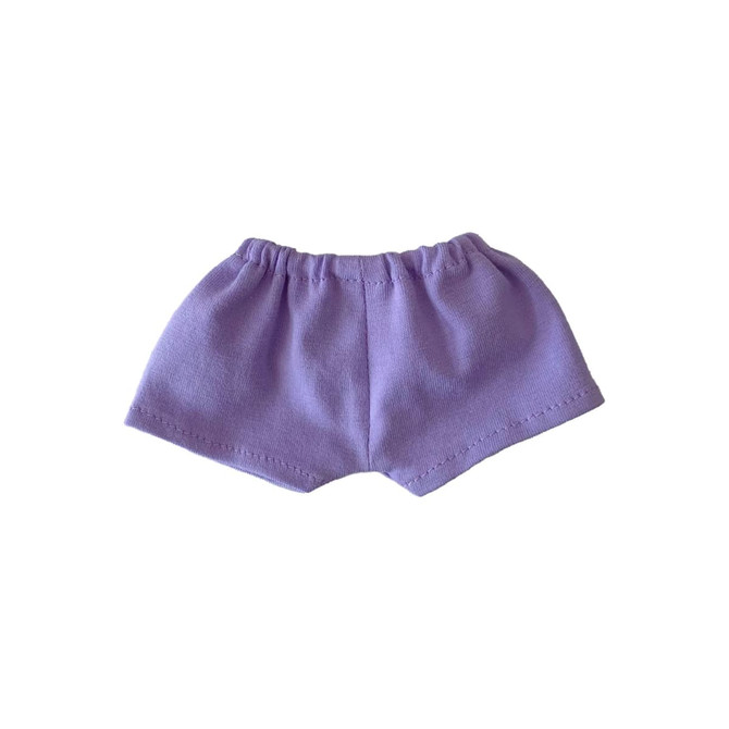 A pair of purple plush doll shorts with an elastic waistband, featuring a simple cut and stitching.
