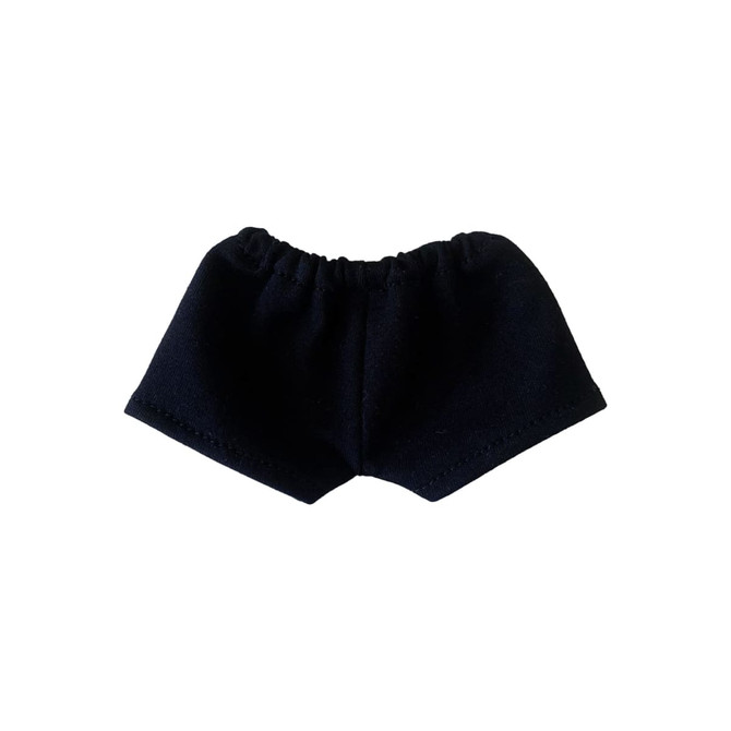A pair of black plush doll shorts with an elastic waistband. It features a simple, smooth design.