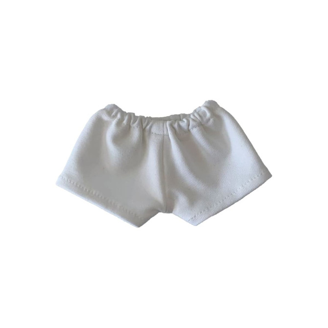 A pair of white plush doll shorts featuring an elastic waistband and a simple design.