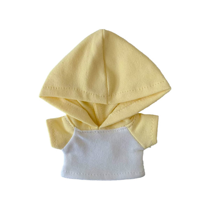 A plush doll hoodie in yellow and white, featuring a soft material and a hood. It has a branding logo.
