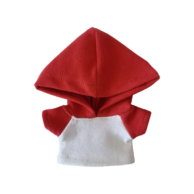 A red and white raglan hoodie designed for a plush doll, featuring a large hood.
