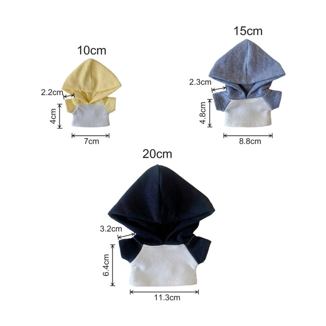 Three plush doll hoodies in yellow, grey, and navy, featuring a contrasting base colour and different sizes.