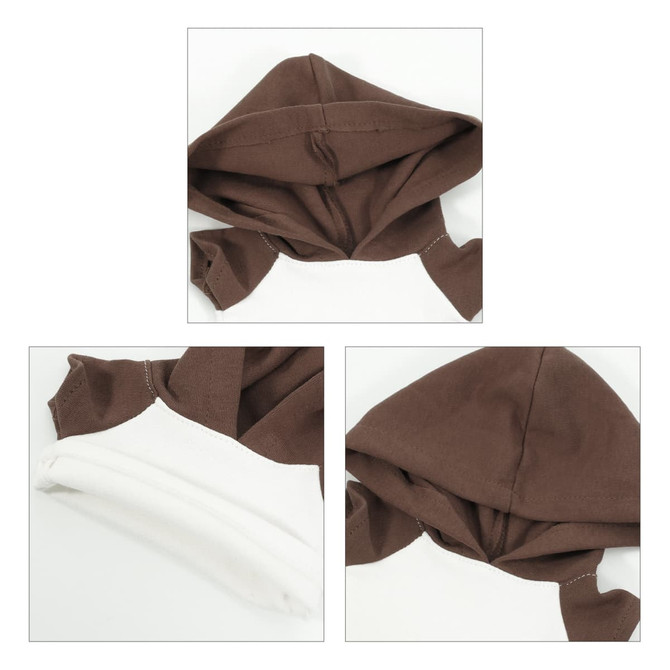 A brown and white plush doll raglan hoodie featuring a hood and contrasting sleeves, with a logo present.