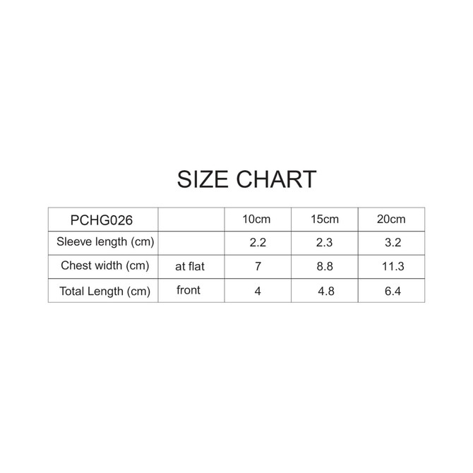 A size chart detailing measurements for a product, including sleeve length, chest width, and total length in centimetres.