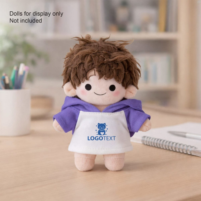 A plush doll with brown hair wearing a purple raglan hoodie and a white front, featuring a logo.