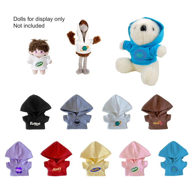 A collection of plush dolls wearing various coloured hoodies, including black, blue, pink, and yellow, with logo branding.