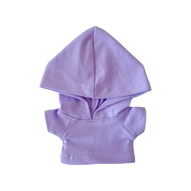 A lavender plush doll hoodie featuring a hood and short sleeves. The item has a simple design and stitching details.