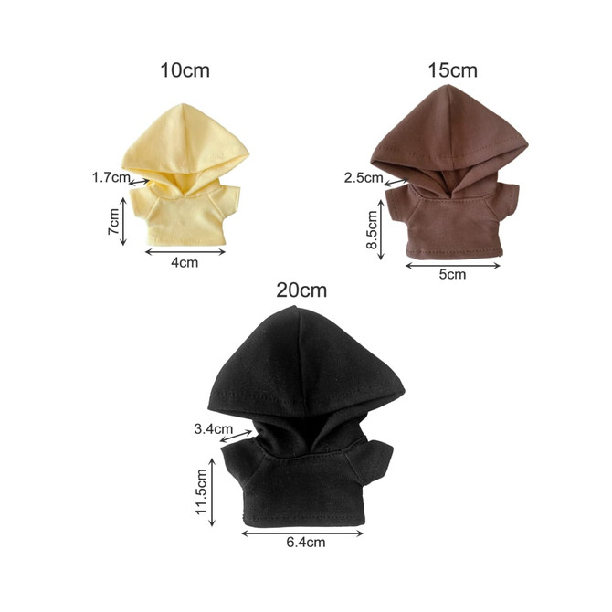 Three plush doll hoodies in yellow, brown, and black, displayed with size measurements for each colour. Each has a hood.