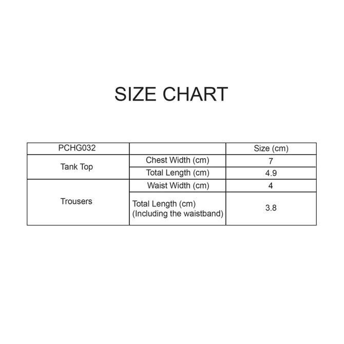 A size chart detailing measurements for a tank top and trousers, including chest width, total length, and waist width.