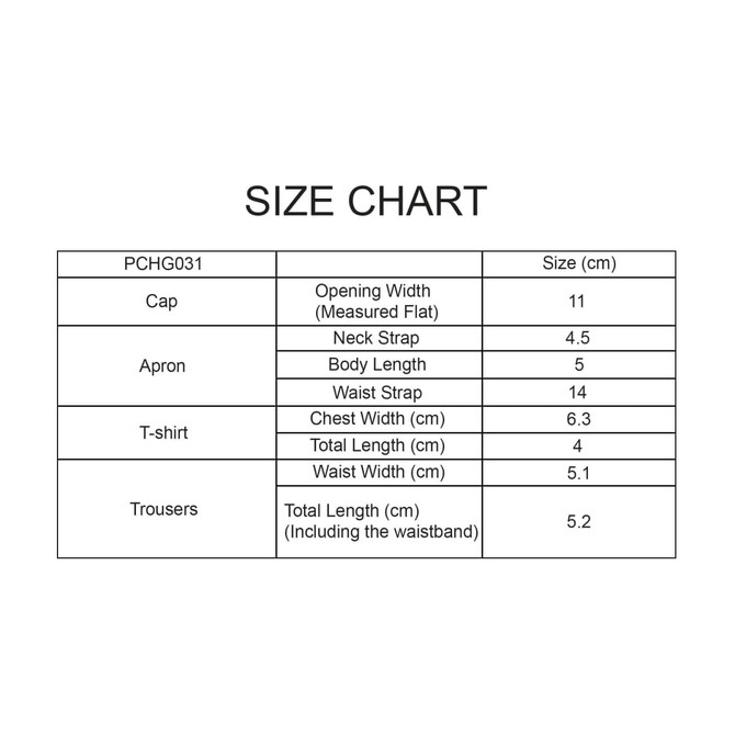 A size chart featuring measurements for a cap, apron, T-shirt, and trousers, including specific dimensions in centimetres.