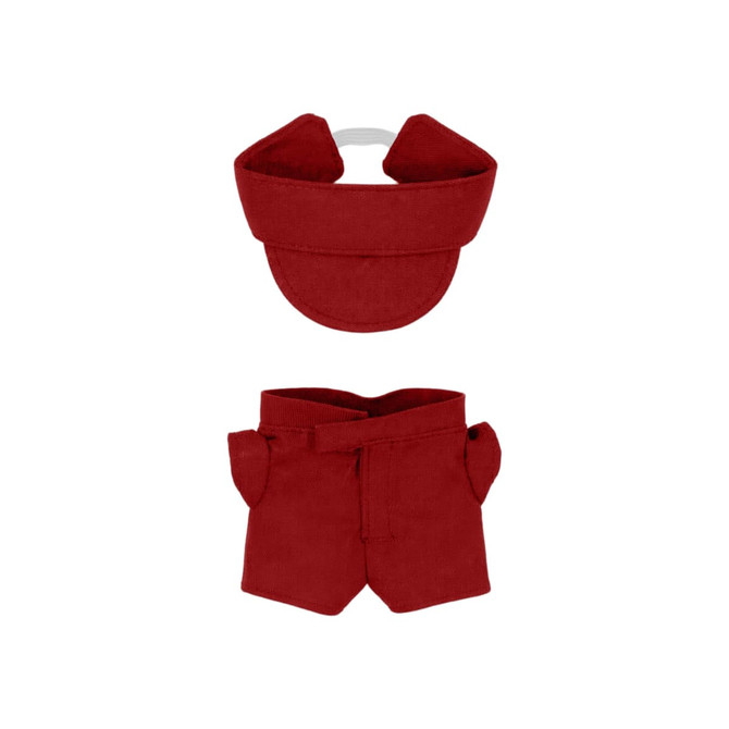 A red plush racing suit set for a 10cm doll, featuring a cap and shorts. Includes a logo on the attire.