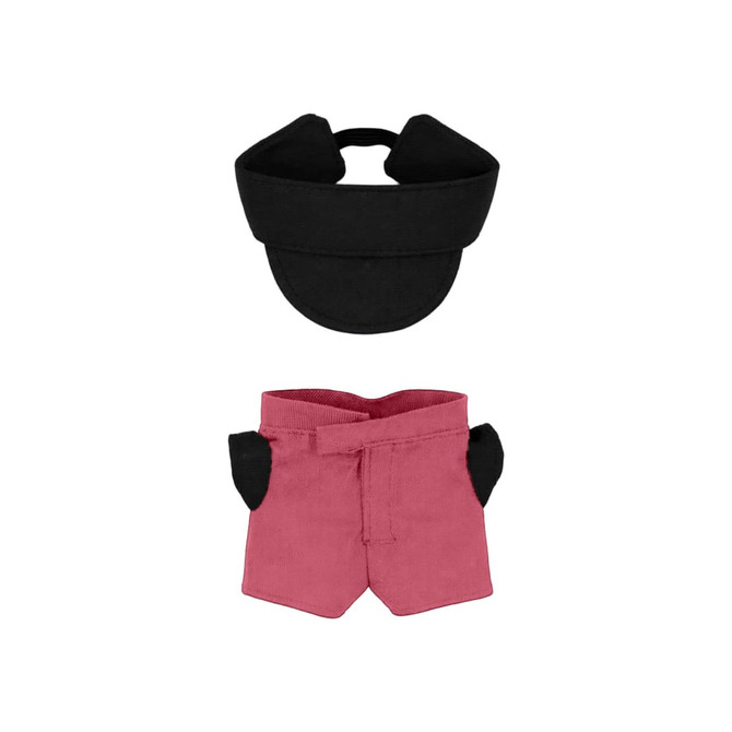 A black visor cap and pink shorts set for a 10cm plush doll, featuring black accents on the shorts.