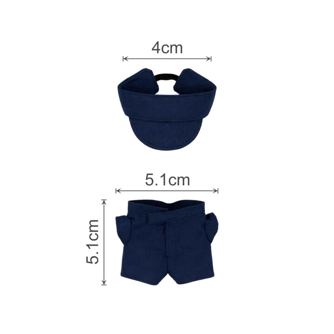 A navy blue plush doll racing suit set featuring a cap and shorts, measuring 4cm and 5.1cm respectively.