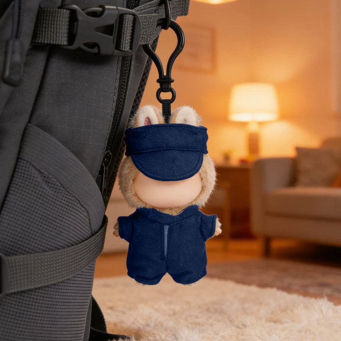 A plush doll dressed in a navy racing suit hangs from a backpack, featuring bunny ears and a cap.