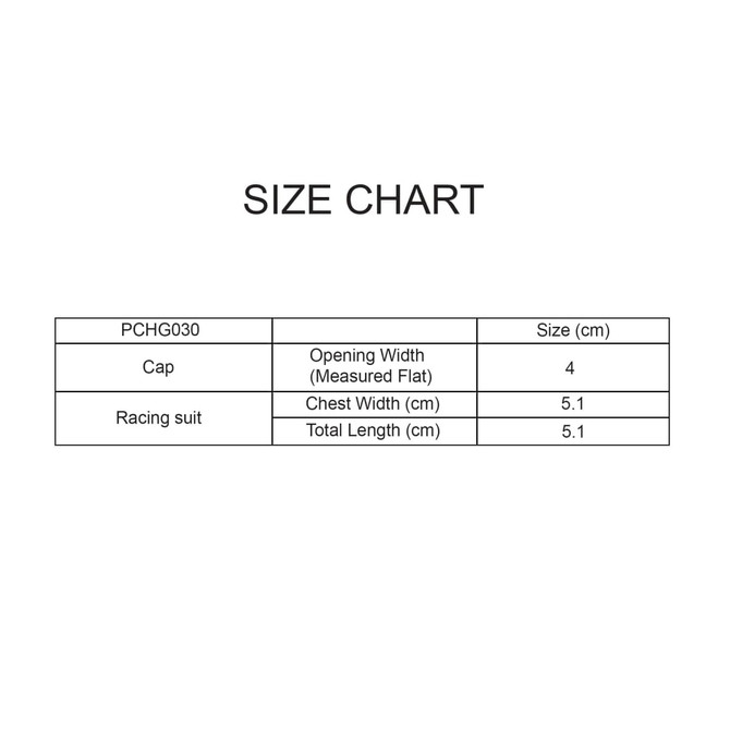 A size chart displaying measurements for a plush doll racing suit set, including cap and suit dimensions in centimetres.