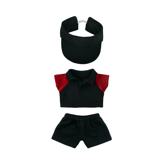 A black racing suit set for dolls, featuring a visor, red and black top, and black shorts.