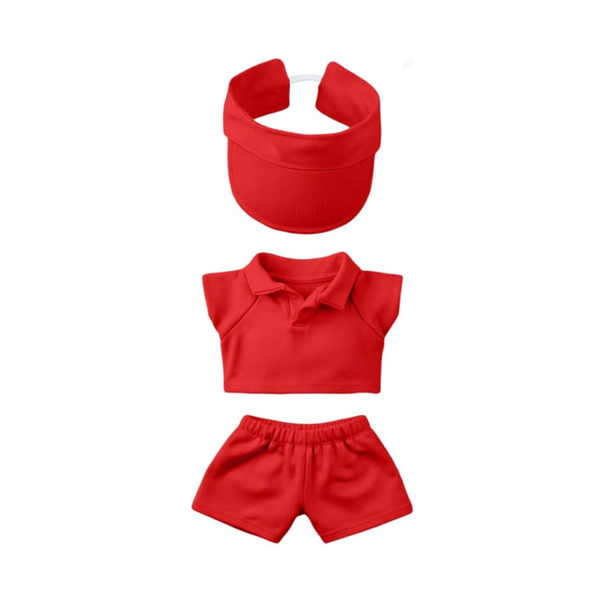 A red visor, polo shirt, and shorts set for 15–17cm plush dolls. The set features a simple, sporty design.