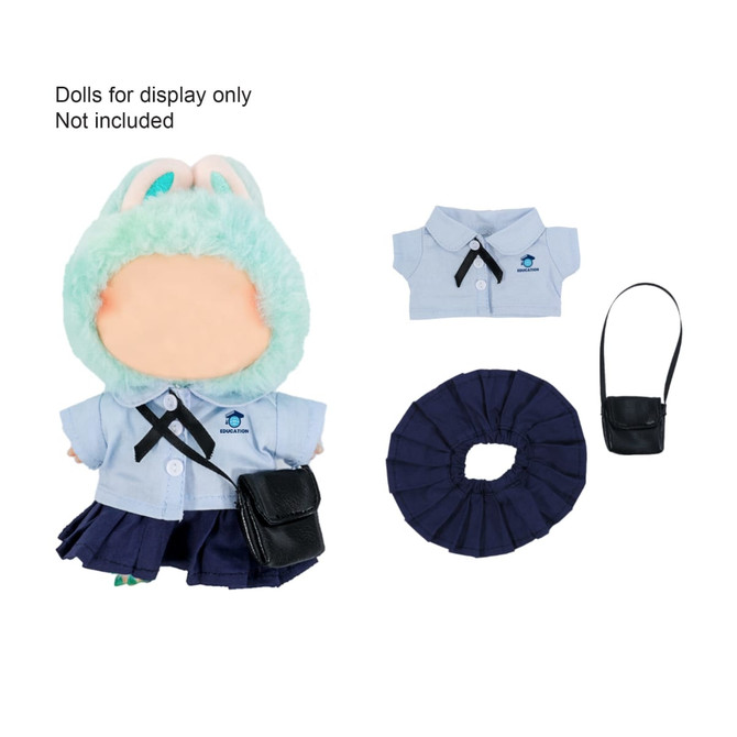 A plush doll uniform set featuring a light blue shirt, navy skirt, scrunchie, and a small black handbag.