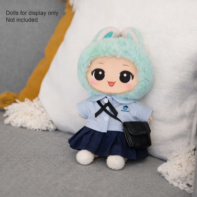 A plush doll uniform set featuring a blue shirt, navy skirt, and a cute mint-green hat with bunny ears.