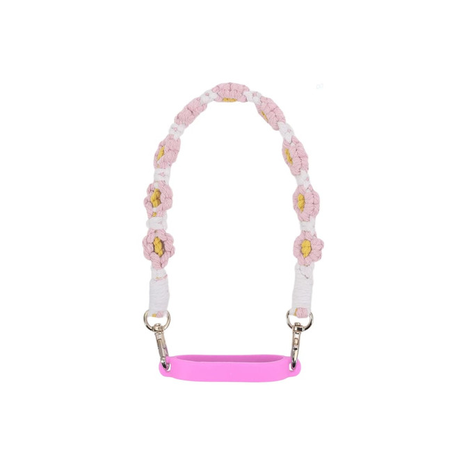 A drink bottle strap featuring a woven floral design in pink, yellow, and white, with a pink silicone base and metal clips.