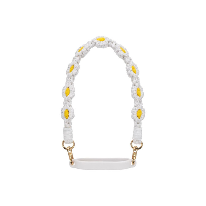 A drink bottle strap in white and yellow, featuring a woven flower design and gold attachments.