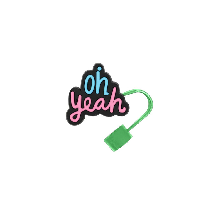 A custom-shaped straw cover in black, pink, and blue with a green attachment. The design features the phrase "oh yeah."
