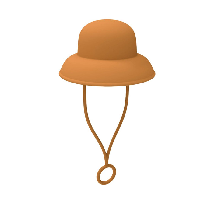 A bucket hat silicone straw cover in ochre colour, featuring a looped strap for attachment.