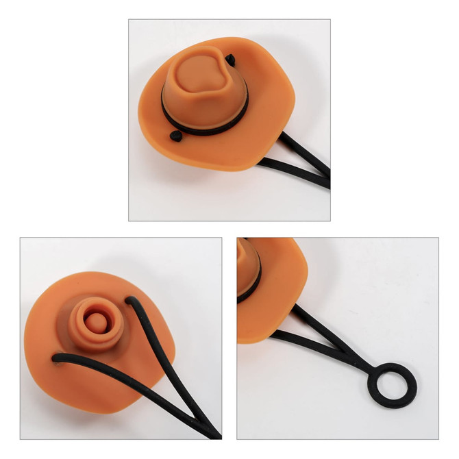 A drink bottle accessory featuring a silicone straw cover designed like a brown brim hat with black ties.