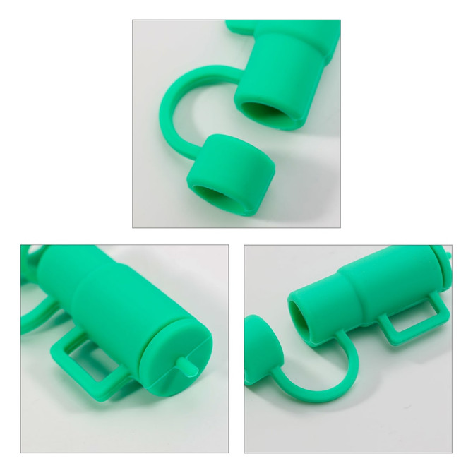 A cup-shaped silicone straw cover in vibrant green, featuring a handle and a hollow sleeve for a straw. It has a logo.