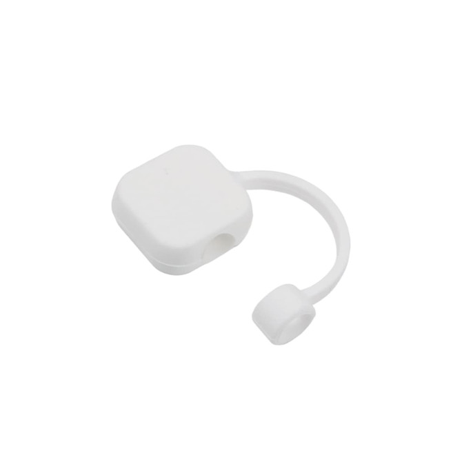 A drink bottle accessory featuring a white square silicone straw cover with a curved attachment.