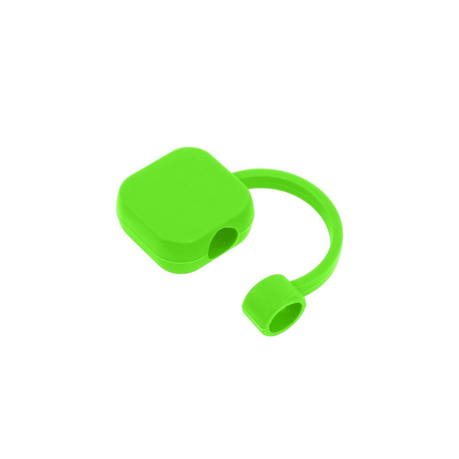 A drink bottle accessory featuring a bright green square silicone straw cover with a loop attachment.