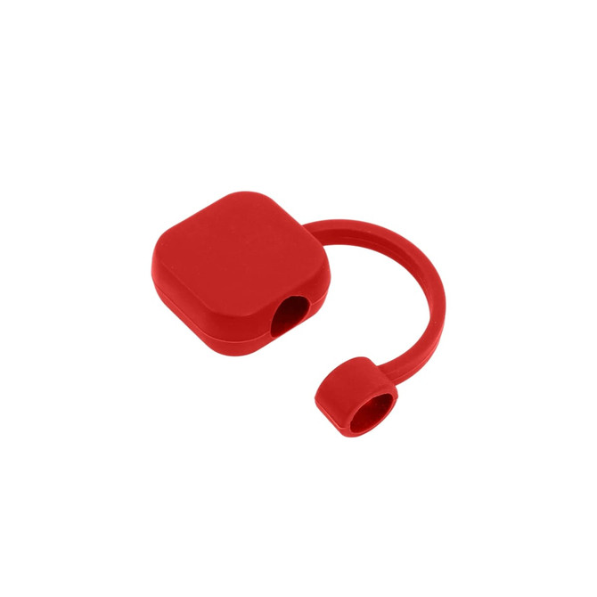 A red square silicone straw cover with a circular attachment, featuring a small opening.