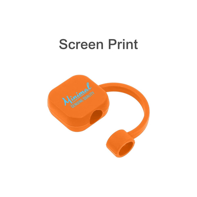 A square orange silicone straw cover with a loop for attachment and a branding logo.