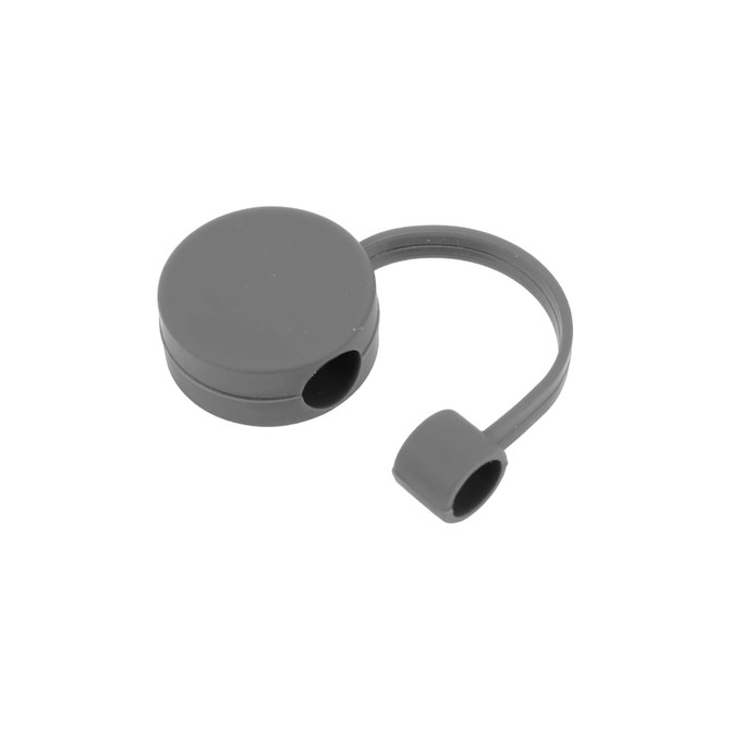 A grey round silicone straw cover with a small loop, designed to fit over the end of a straw.