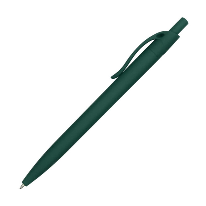 A green plastic pen with a sleek design and a clip. The pen features a logo on its body.