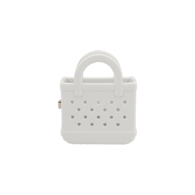 A white mini EVA bag clip with a textured finish and holes, featuring a small handle. It has a simple logo.