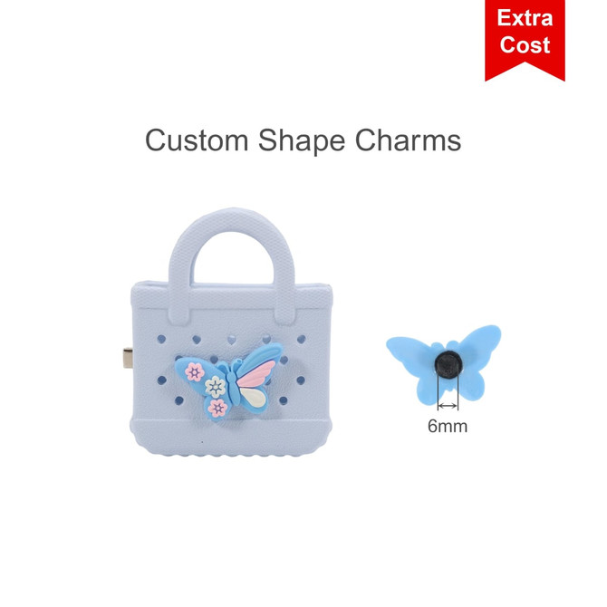 A blue bag clip with a butterfly design and a separate blue butterfly charm. Features a logo on the bag.
