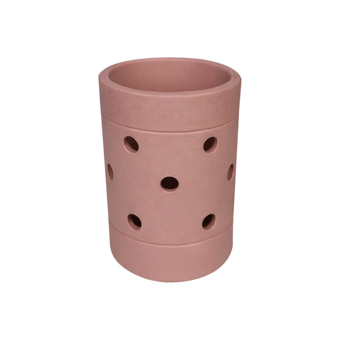 A drink bottle holder in a soft pink hue, featuring multiple holes and a smooth texture. It has a branding logo.
