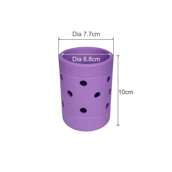 A drink bottle holder in purple, featuring multiple holes for ventilation, with dimensions of 10 cm in height.