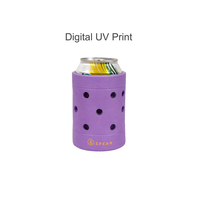 A drink bottle holder in purple with multiple holes, designed for standard cans, featuring a logo at the base.