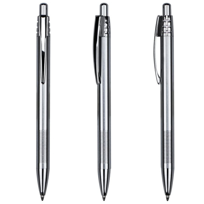 A polished stainless steel pen with a sleek design, featuring a clip and textured grip, shown from three angles.