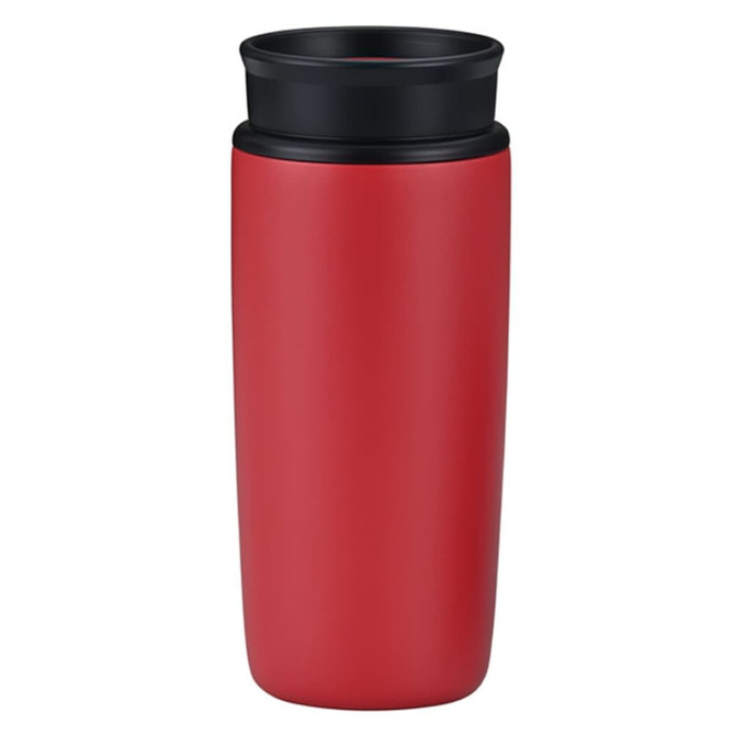 A travel mug in red with a black lid, featuring a smooth, matte finish and a logo.