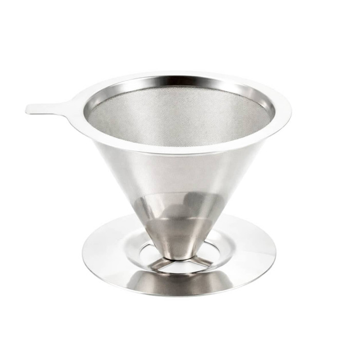 A stainless steel coffee filter with a conical design and a stand for stability. It features a shiny silver finish.