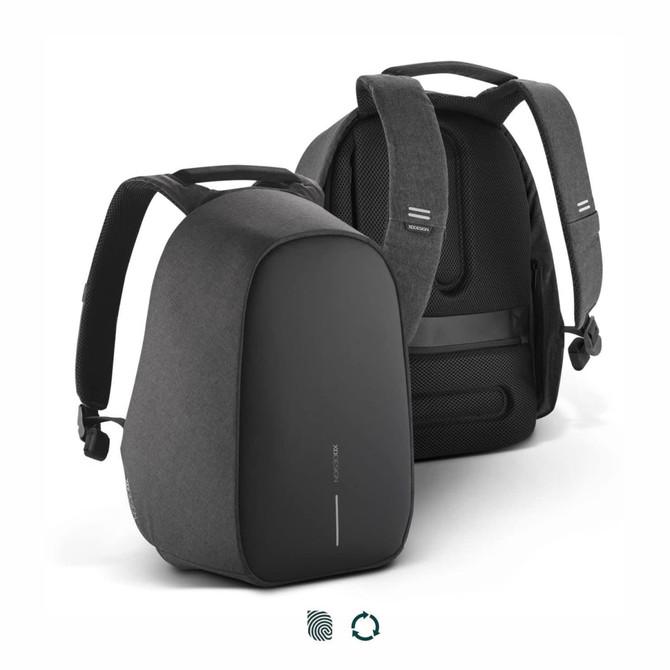 A grey and black backpack with adjustable straps and a sleek design, featuring a branding logo.