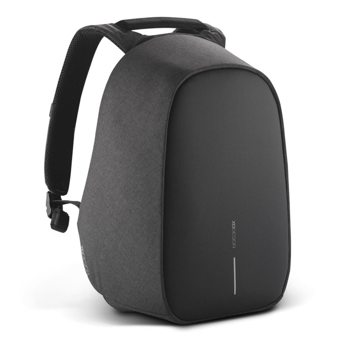 A grey backpack with a sleek design and a logo, featuring adjustable straps and a side pocket.