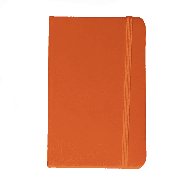 An orange notebook with a textured cover and a matching elastic band. It features branding on the front.