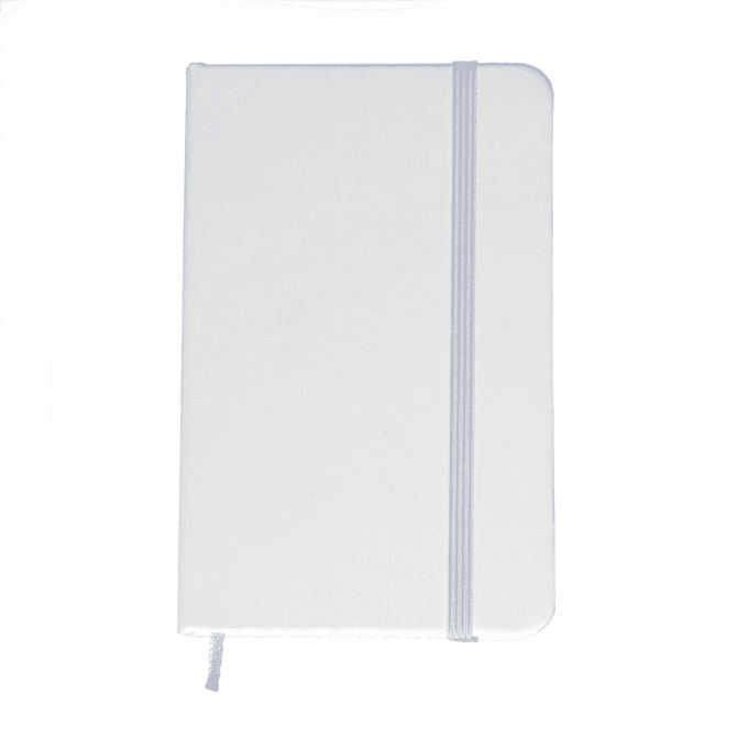 A white Minichroma A6 notebook with a textured cover and an elastic band closure. It features a ribbon marker.