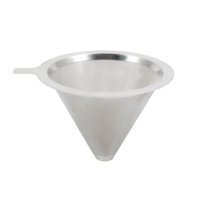 A stainless steel coffee filter in a conical shape, featuring a handle and a fine mesh design.