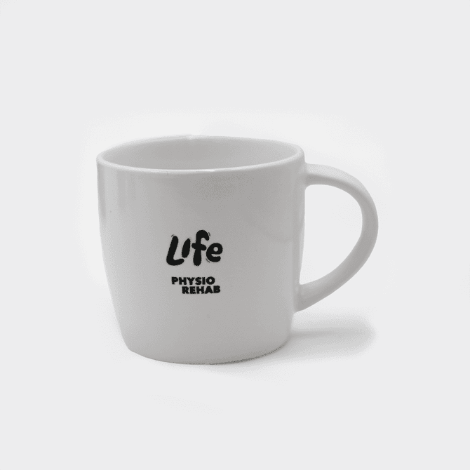 A white ceramic mug with a handle and a logo printed on the side.