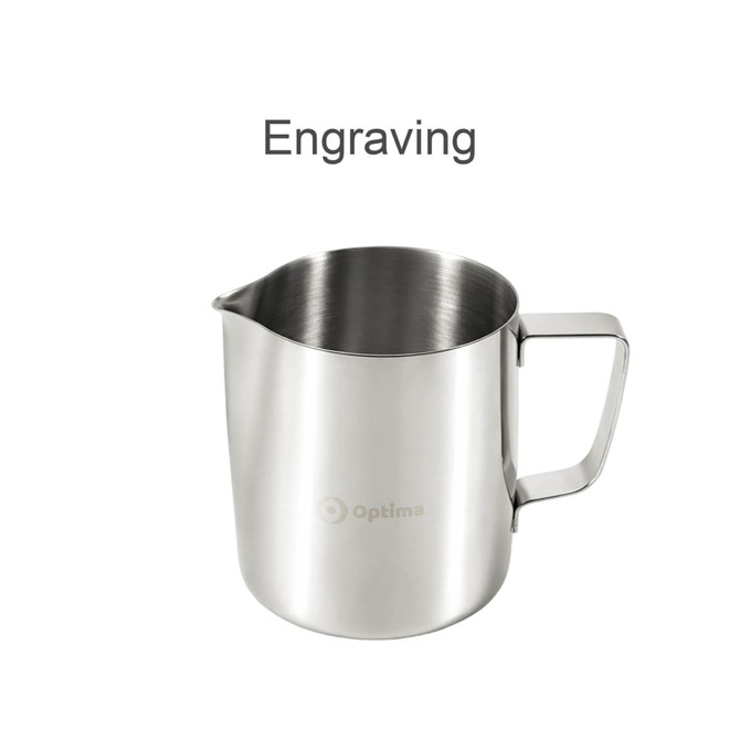 A stainless steel milk frothing pitcher with a handle and a spout, featuring a logo.